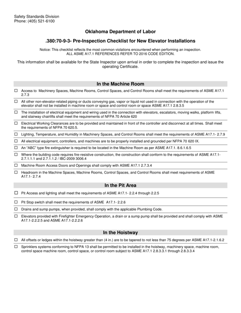 Pre-inspection Checklist for New Elevator Installations - Oklahoma Download Pdf