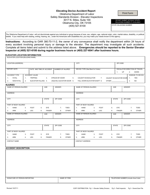 Elevating Device Accident Report Form - Oklahoma