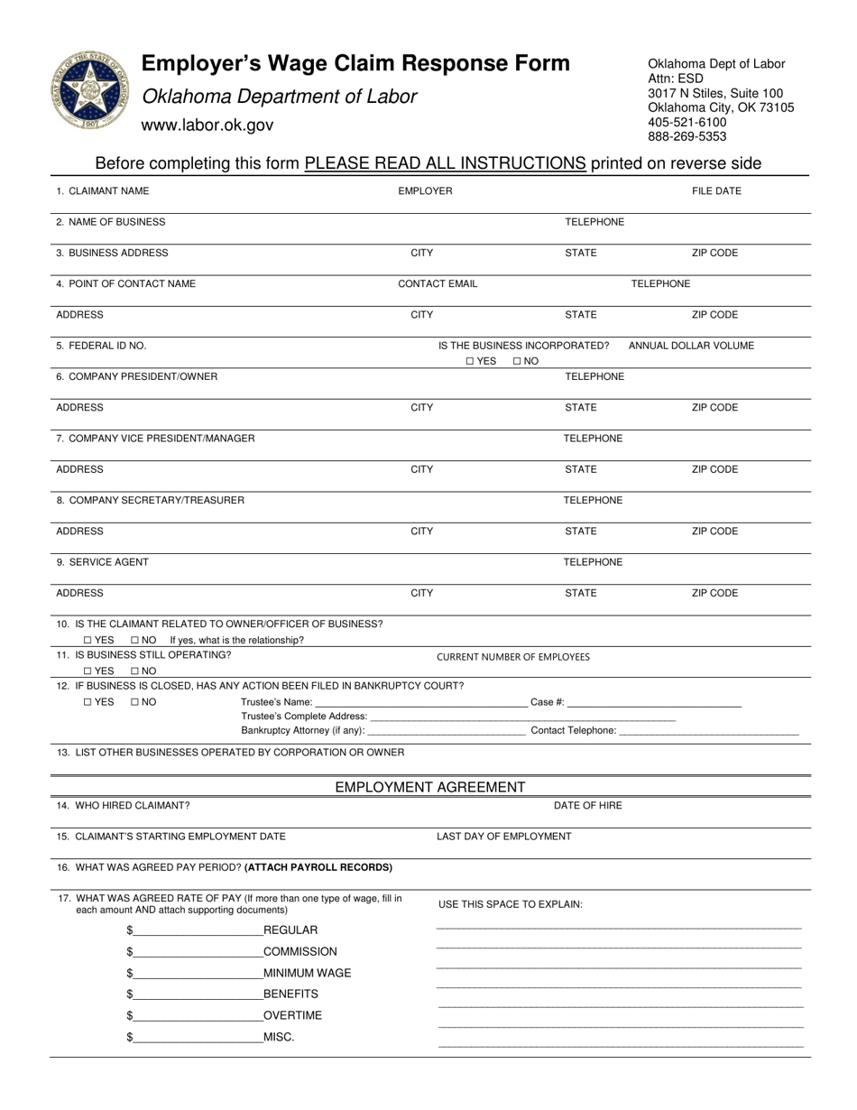 Employers Wage Claim Response Form - Oklahoma, Page 1