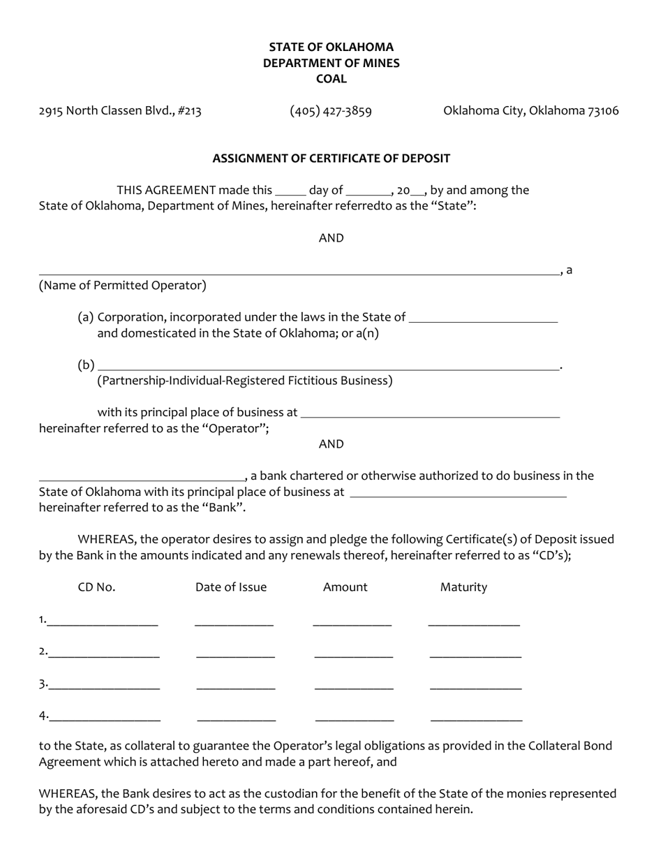 Assignment of Certificate of Deposit - Coal - Oklahoma, Page 1
