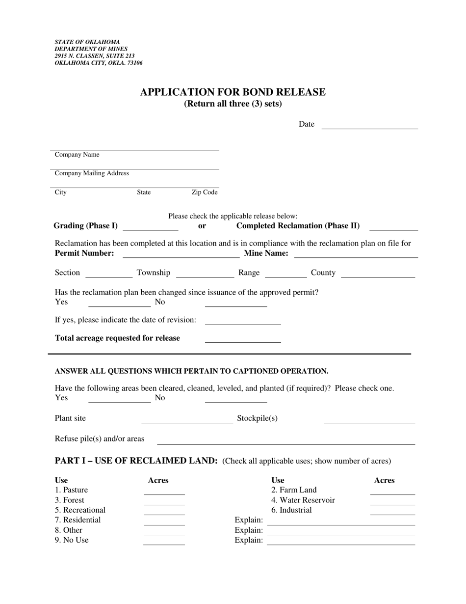 Application for Bond Release - Oklahoma, Page 1
