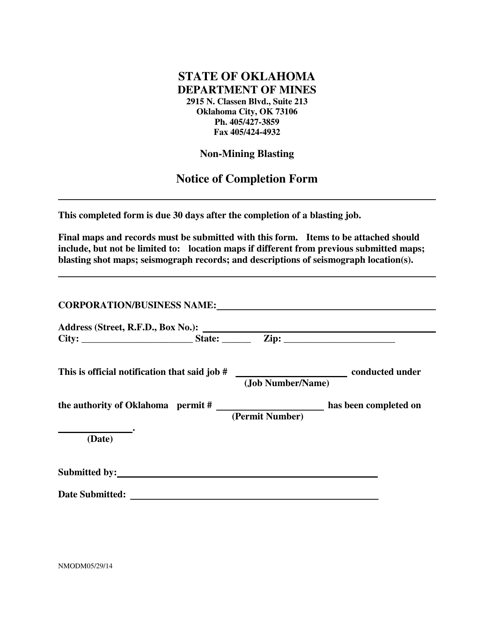 Notice of Completion Form - Non-mining Blasting - Oklahoma Download Pdf