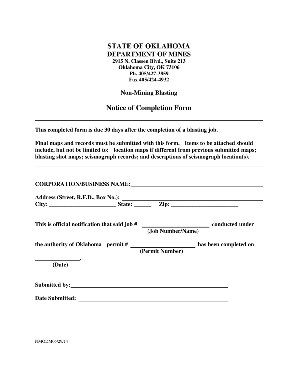 Notice of Completion Form - Non-mining Blasting - Oklahoma, Page 1