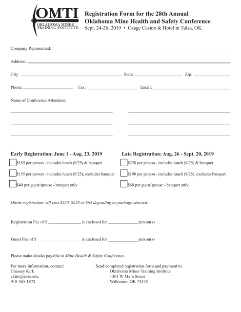 Registration Form for the 28th Annual Oklahoma Mine Health and Safety Conference - Oklahoma, 2019