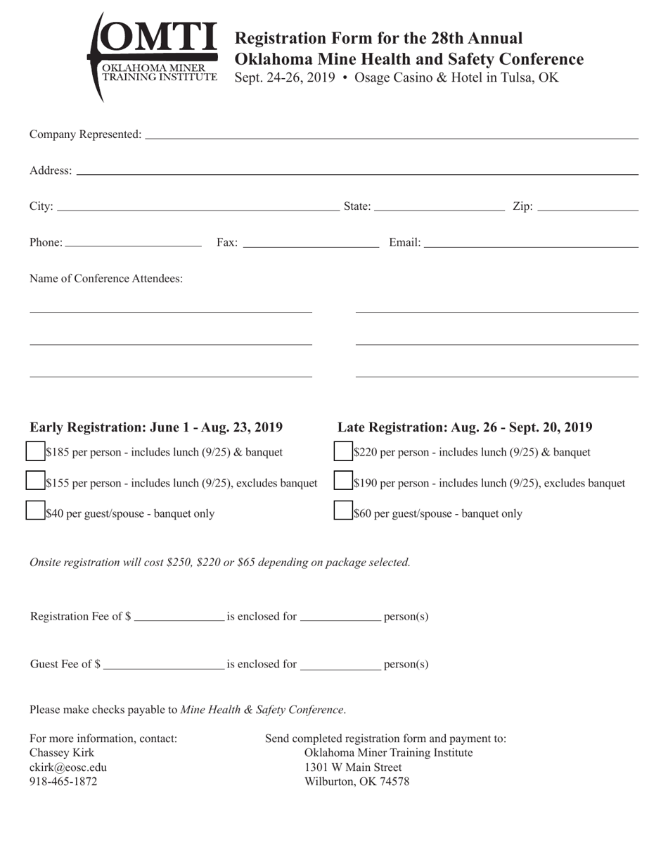 2019 Oklahoma Registration Form for the 28th Annual Oklahoma Mine