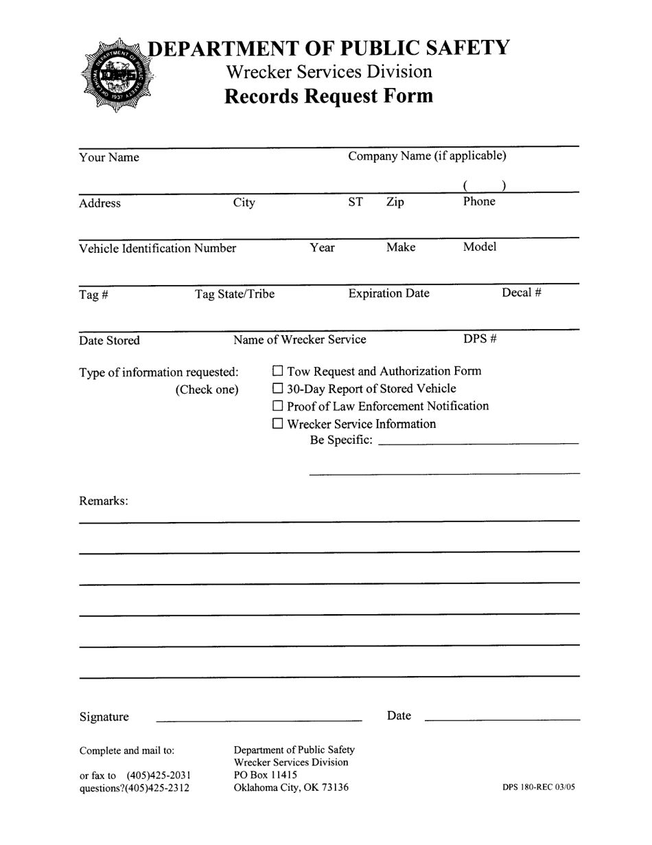 Form DPS180-REC Wrecker Service Records Request Form - Oklahoma, Page 1