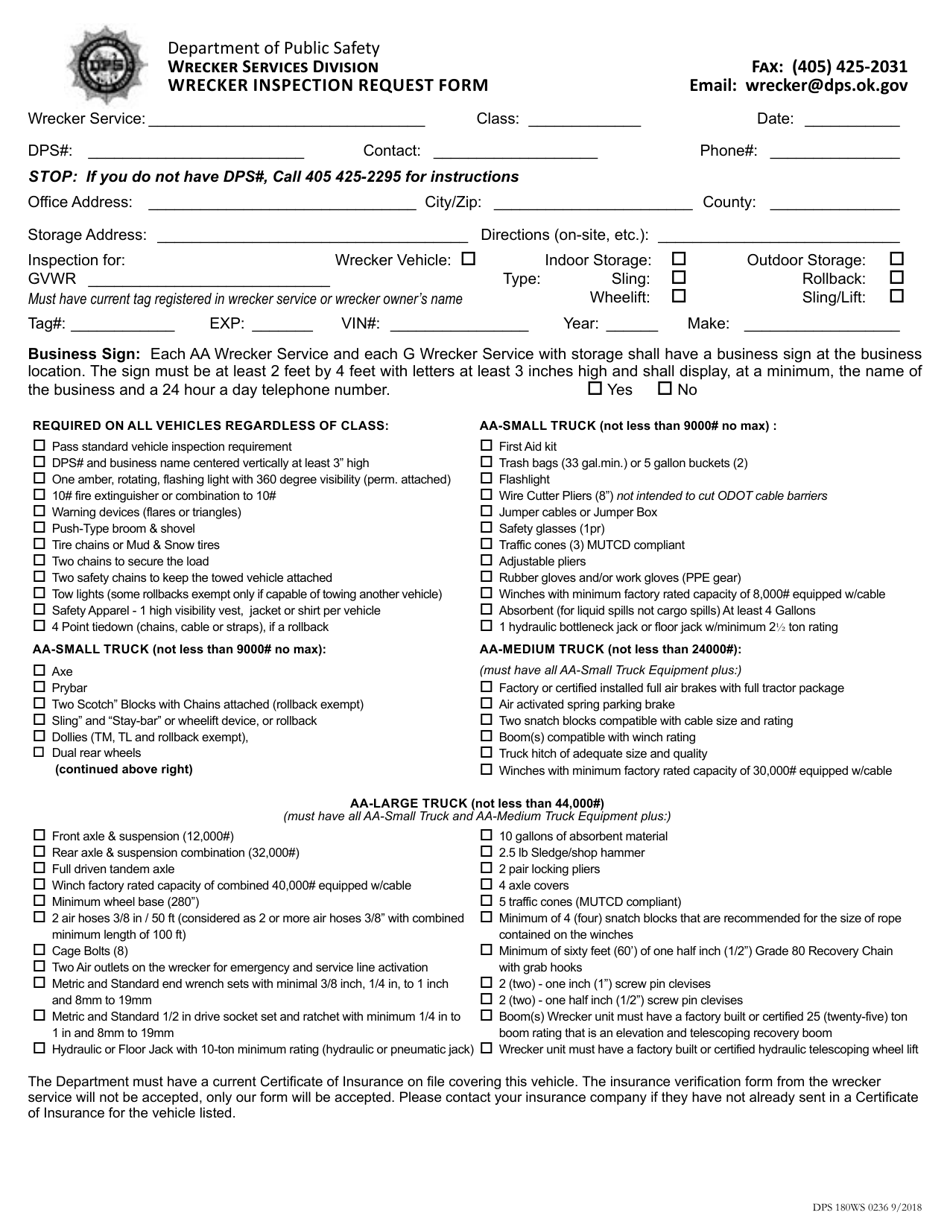Form DPS180WS 0236 Wrecker Inspection Request Form - Oklahoma, Page 1