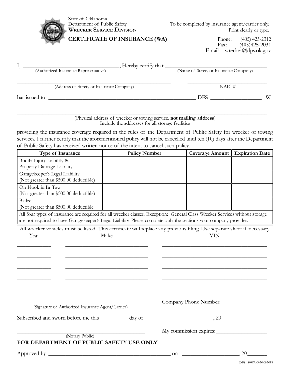 Form DPS180WA Certificate of Insurance (WA) - Oklahoma, Page 1