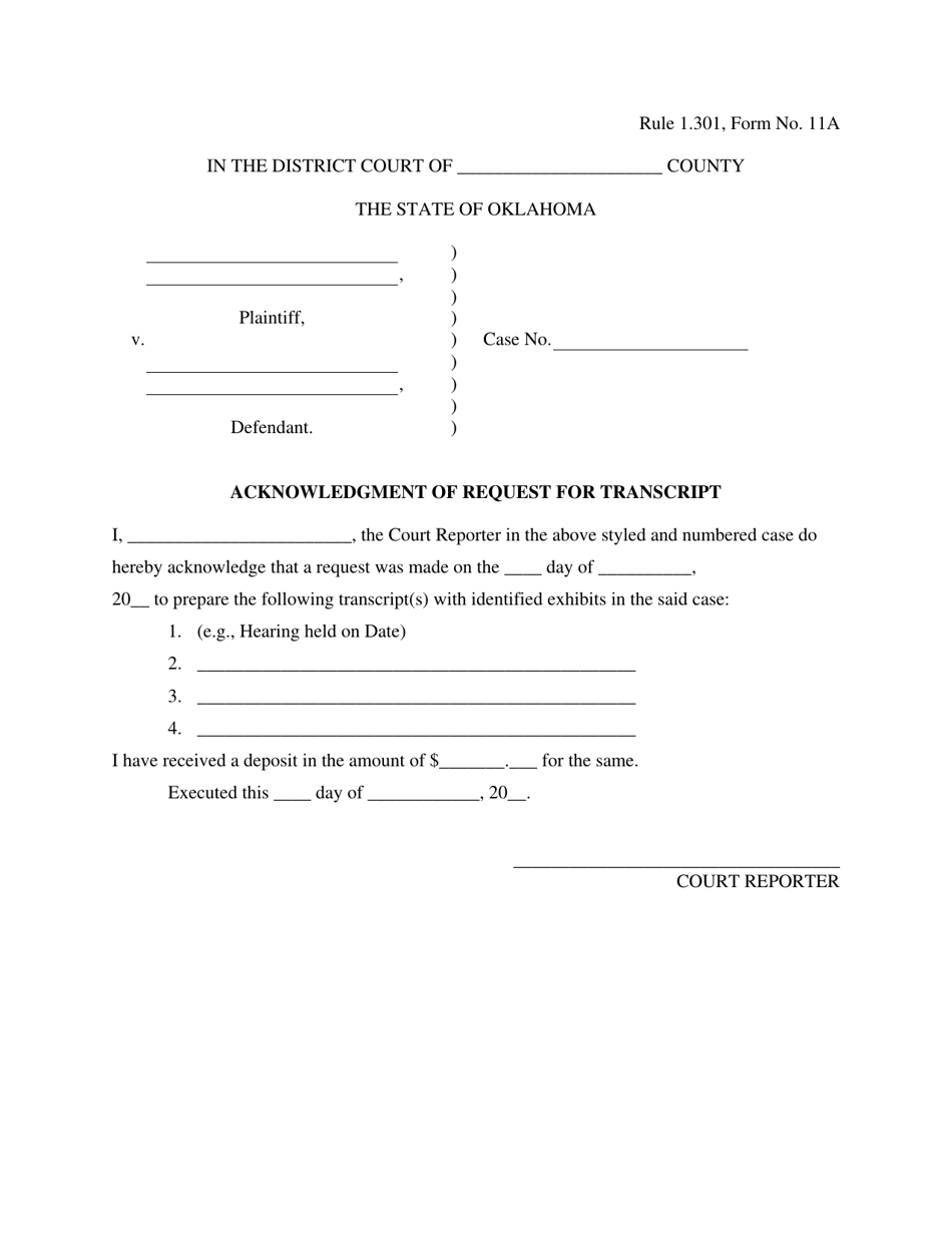 Form 11A Acknowledgment of Request for Transcript - Oklahoma, Page 1