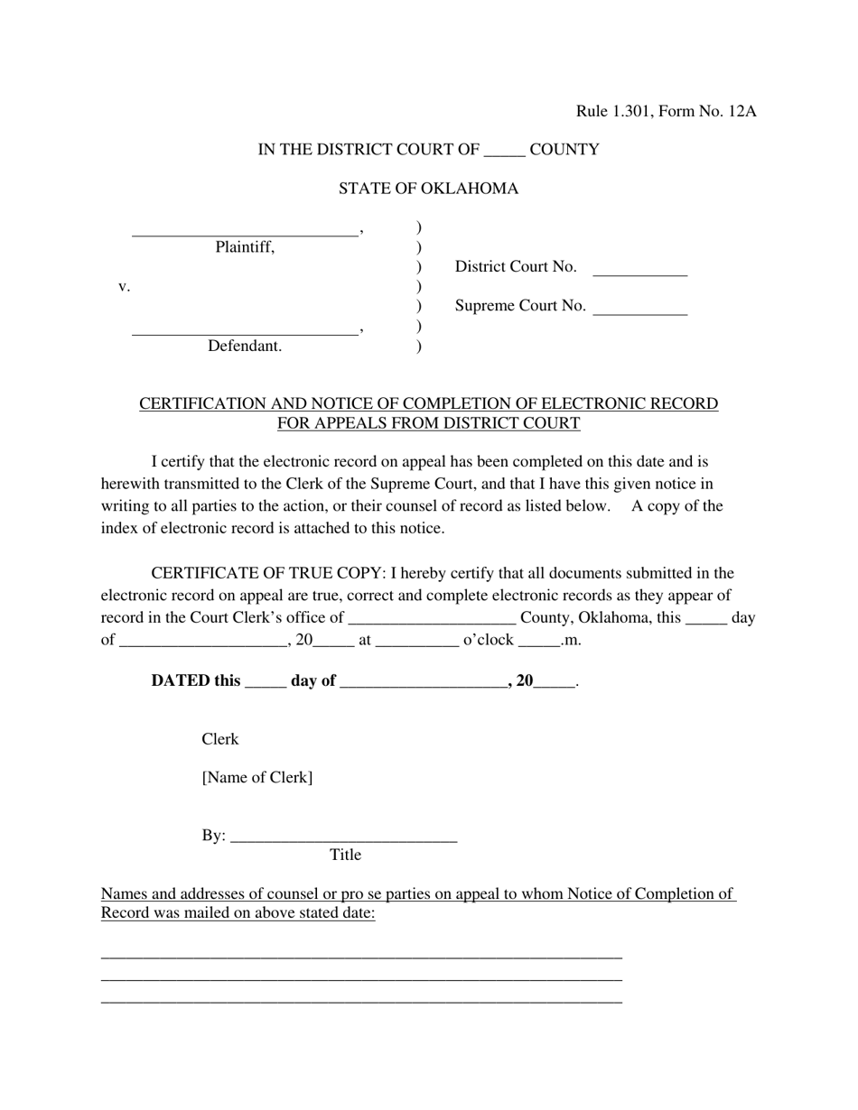 Form 12A Certification and Notice of Completion of Electronic Record for Appeals From District Court - Oklahoma, Page 1