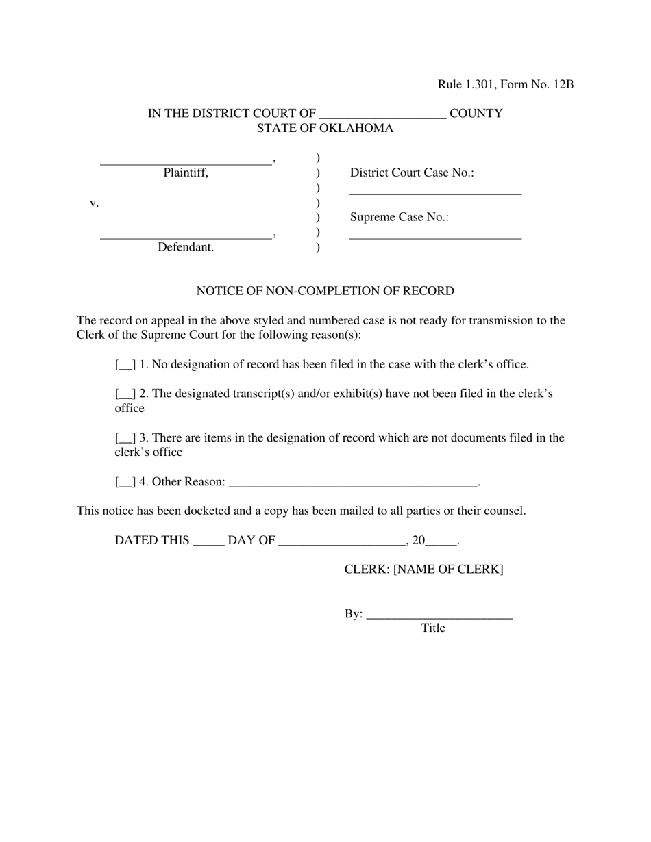 Form 12B Notice of Non-completion of Record - Oklahoma, Page 1