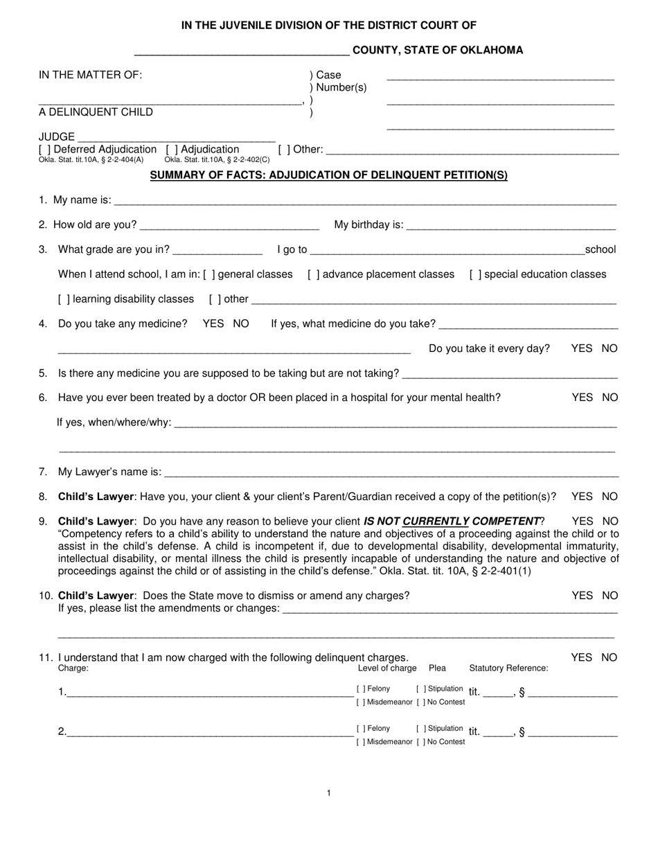 Oklahoma Summary of Facts: Adjudication of Delinquent Petition(S ...