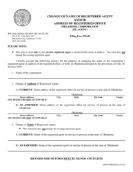 Document preview: SOS Form 0022 Change of Name of Registered Agent and/or Address of Registered Office - Oklahoma Corporation (By Agent) - Oklahoma