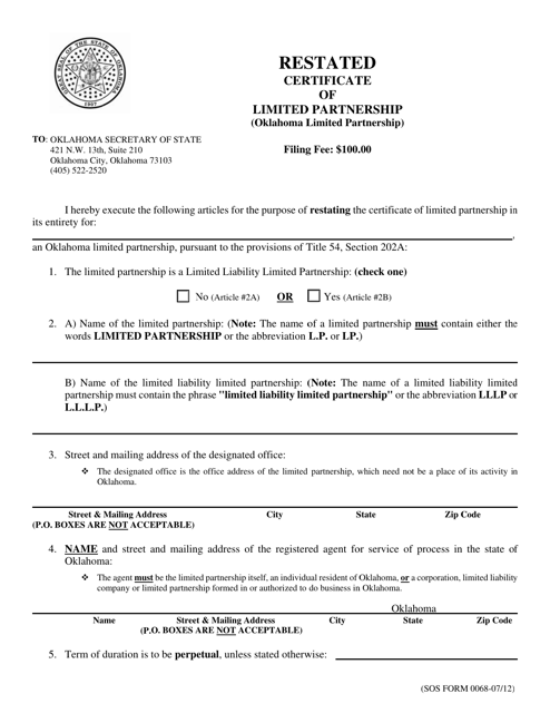 SOS Form 0068 Restated Certificate of Limited Partnership (Oklahoma Limited Partnership) - Oklahoma