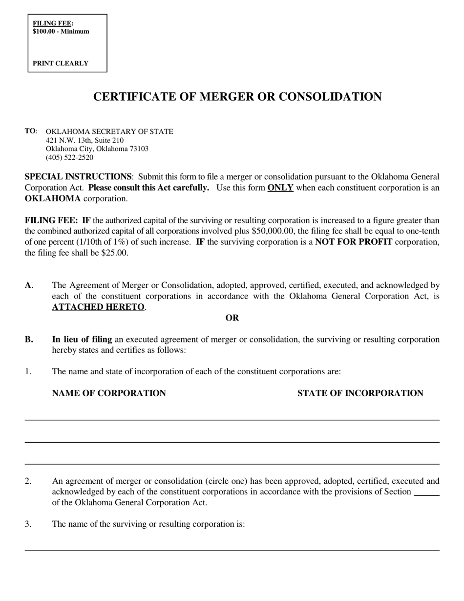 SOS Form 0026 Certificate of Merger or Consolidation (Oklahoma Corporation Into Oklahoma Corporation) - Oklahoma, Page 1