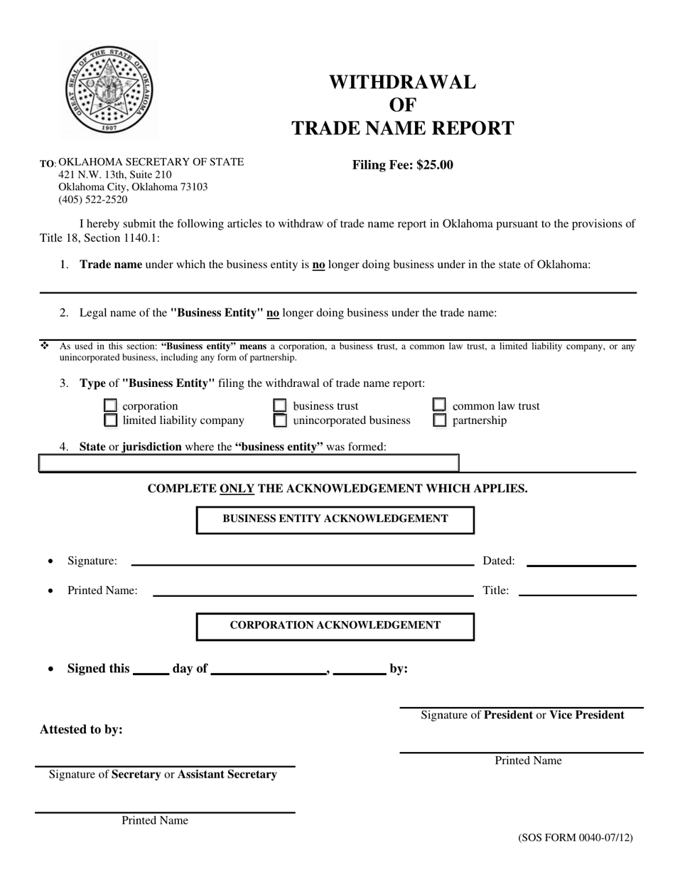 SOS Form 0040 Withdrawal of Trade Name Report - Oklahoma, Page 1