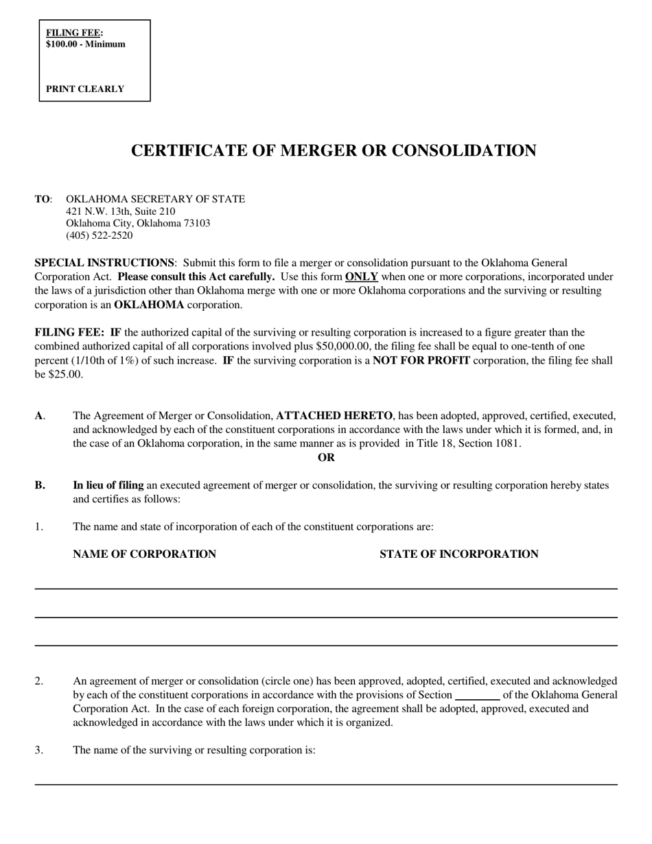 SOS Form 0024 Certificate of Merger or Consolidation (Foreign Corporation Into Oklahoma Corporation) - Oklahoma, Page 1