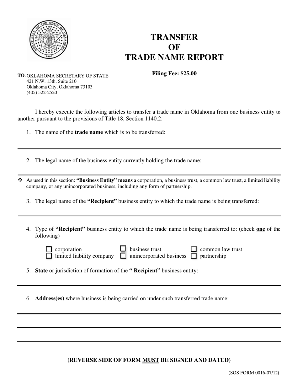 SOS Form 0016 Transfer of Trade Name Report - Oklahoma, Page 1