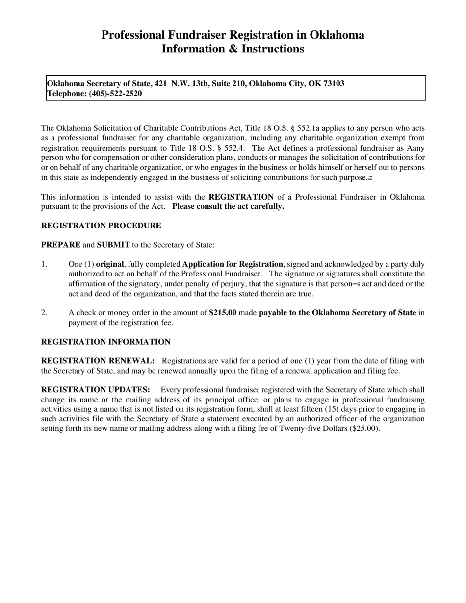 Application for Registration as a Professional Fundraiser - Oklahoma, Page 1