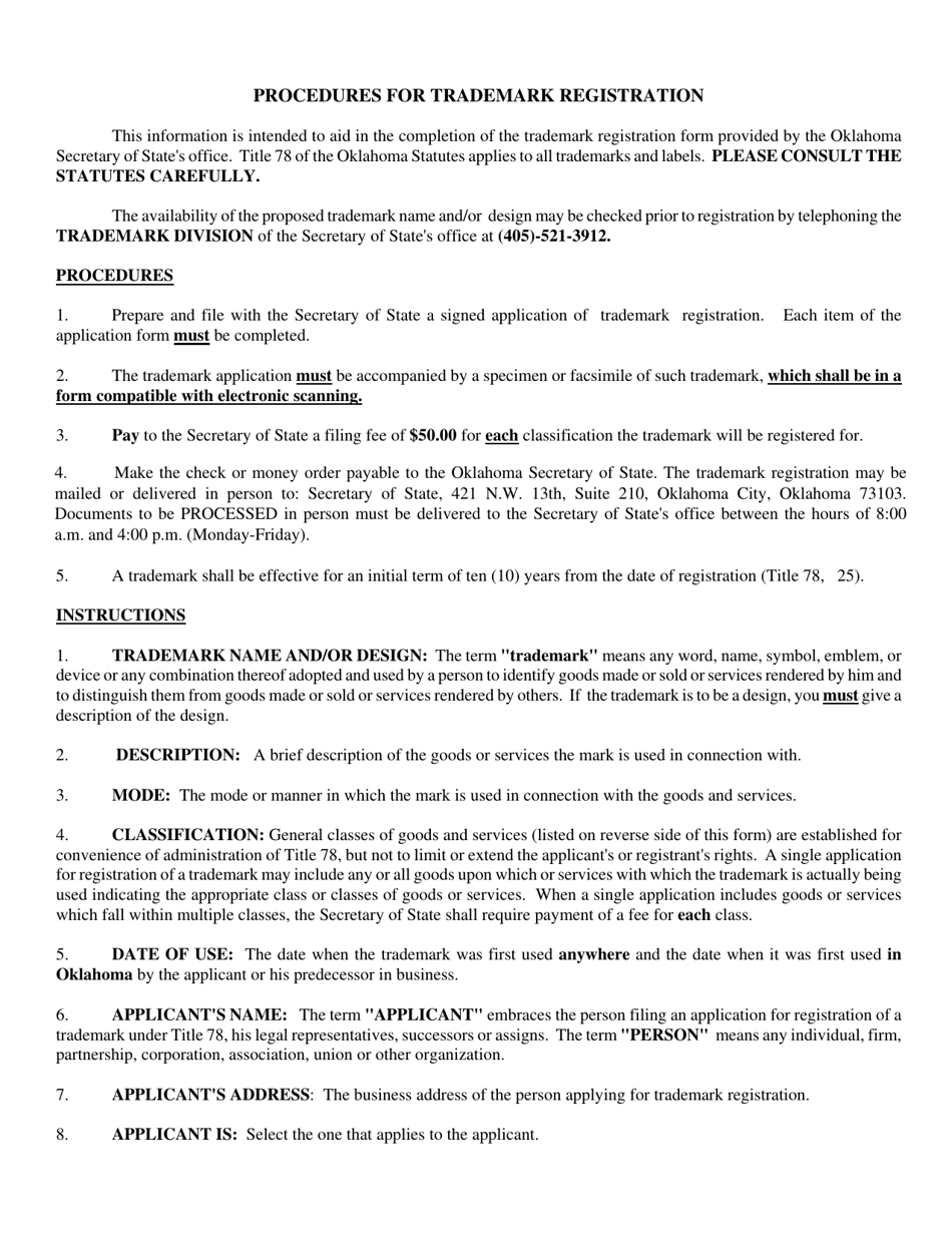 SOS Form 0045 Trademark Registration - Oklahoma, Page 1