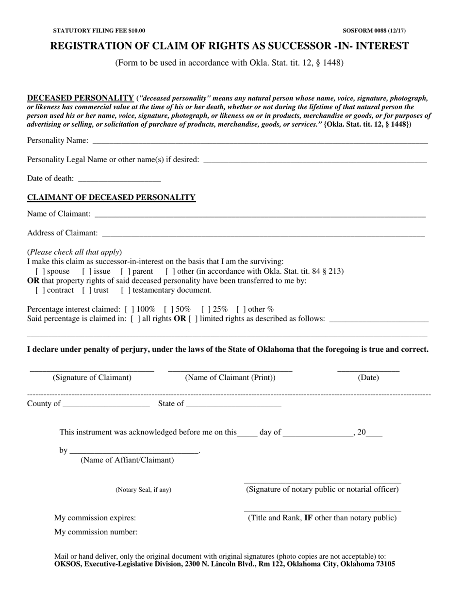 SOS Form 0088 Registration of Claim of Rights as Successor -in- Interest - Oklahoma, Page 1