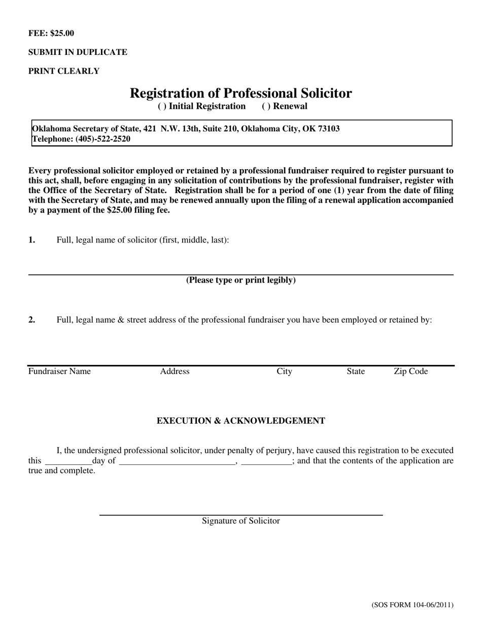 SOS Form 104 Registration of Professional Solicitor - Oklahoma, Page 1