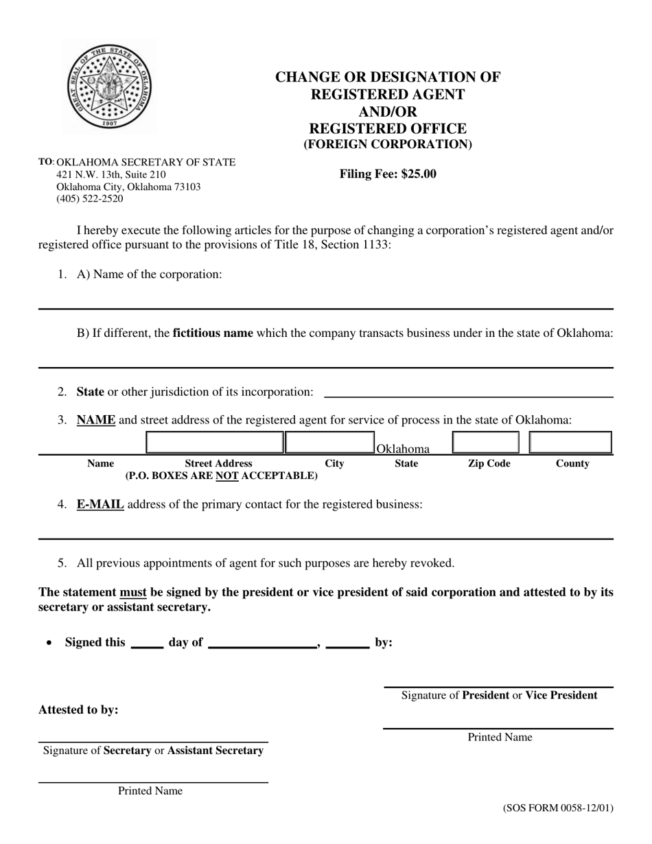 SOS Form 0058 Change or Designation of Registered Agent and / or Registered Office (Foreign Corporation) - Oklahoma, Page 1