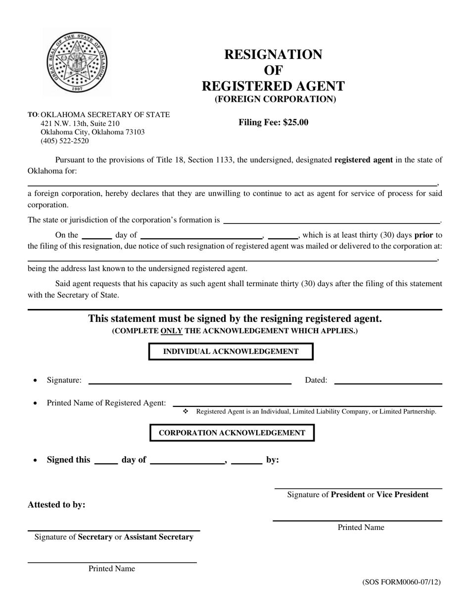 SOS Form 0060 Resignation of Registered Agent (Foreign Corporation) - Oklahoma, Page 1
