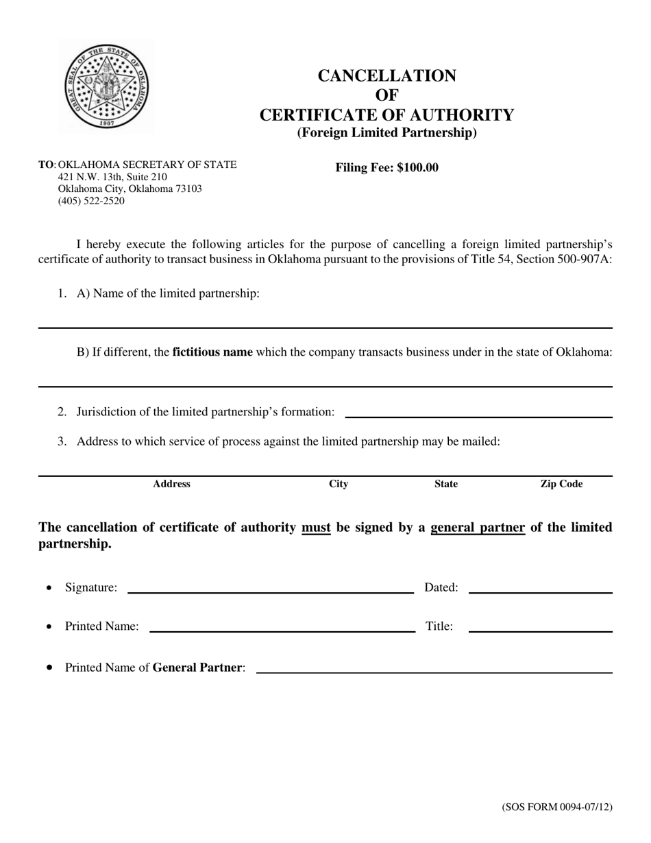 SOS Form 0094 Cancellation of Certificate of Authority (Foreign Limited Partnership) - Oklahoma, Page 1