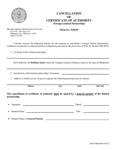 SOS Form 0094 Cancellation of Certificate of Authority (Foreign Limited Partnership) - Oklahoma