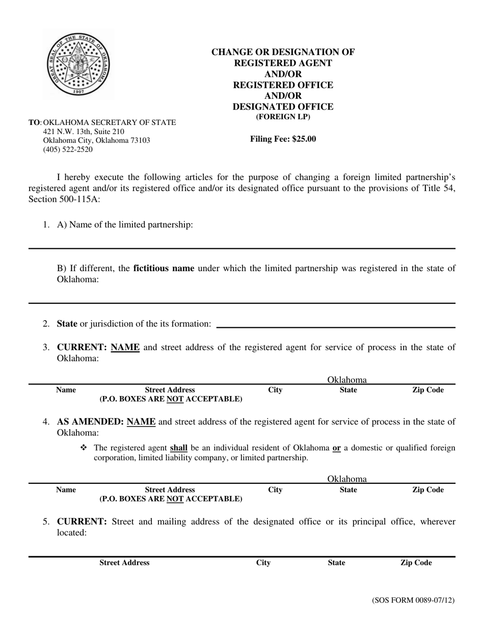 SOS Form 0089 Change or Designation of Registered Agent and / or Registered Office and / or Designated Office (Foreign Lp) - Oklahoma, Page 1