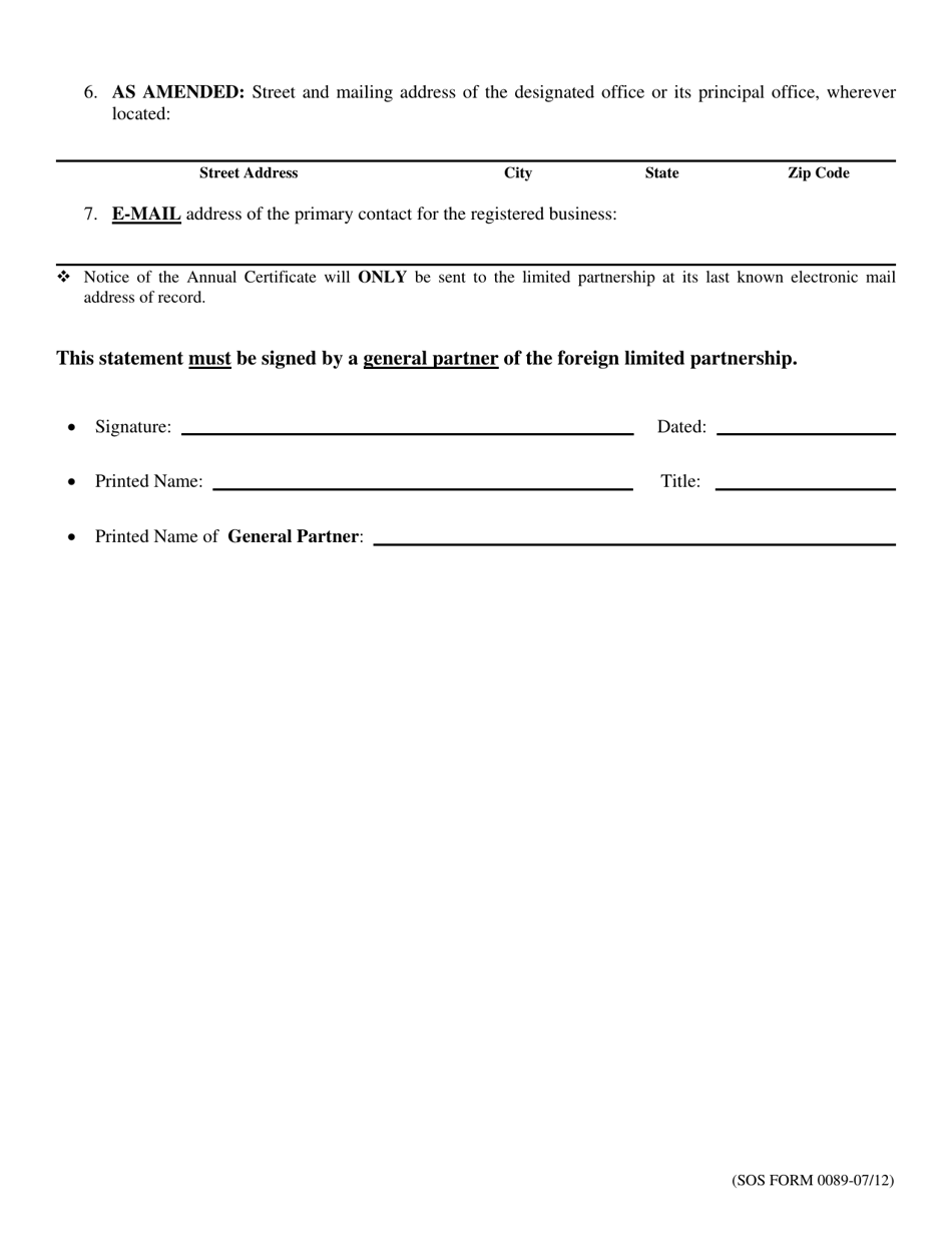 SOS Form 0089 Change or Designation of Registered Agent and / or Registered Office and / or Designated Office (Foreign Lp) - Oklahoma, Page 2