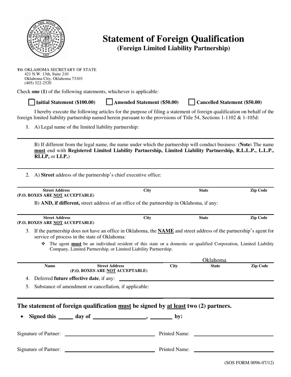 SOS Form 0096 Statement of Foreign Qualification (Foreign Limited Liability Partnership) - Oklahoma, Page 1