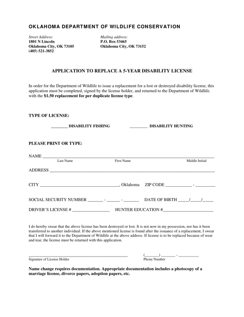 Application to Replace a 5-year Disability License - Oklahoma Download Pdf