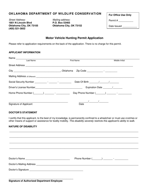 Motor Vehicle Hunting Permit Application Form - Oklahoma Download Pdf
