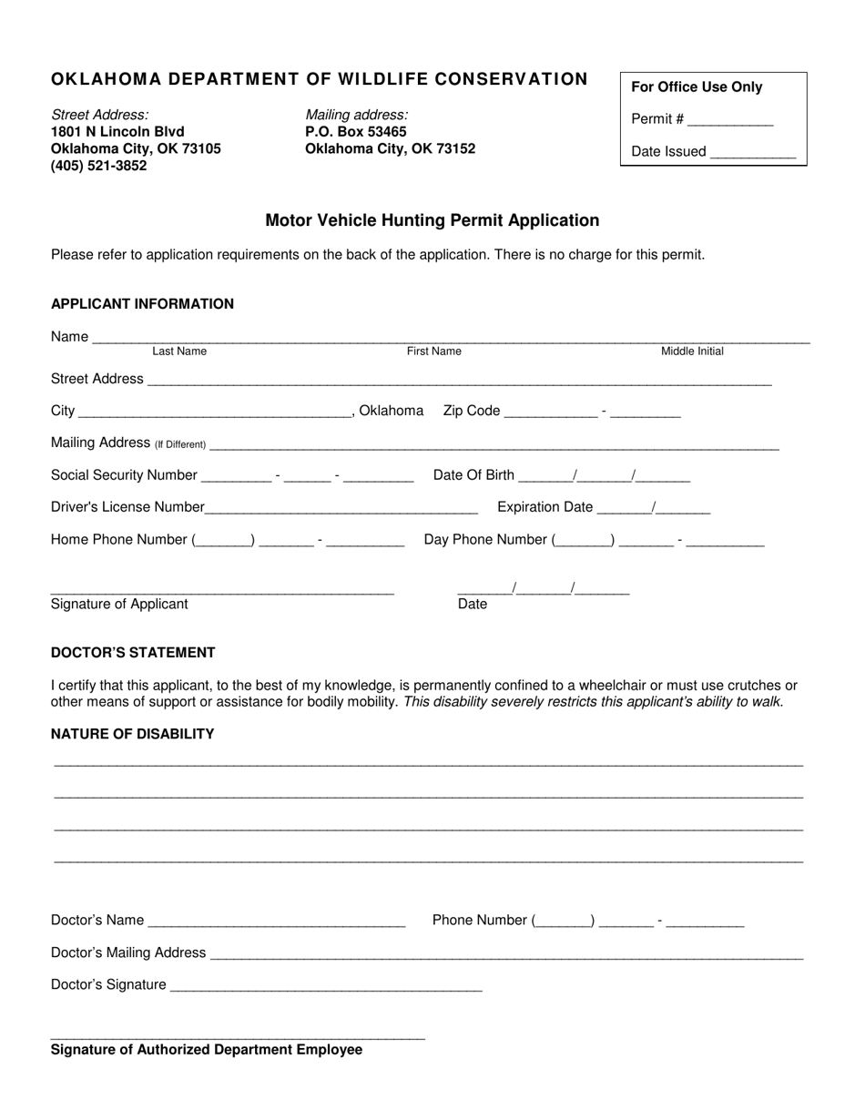 Motor Vehicle Hunting Permit Application Form - Oklahoma, Page 1