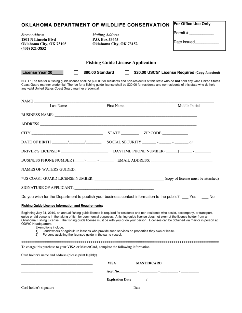 Fishing Guide License Application Form - Oklahoma, Page 1