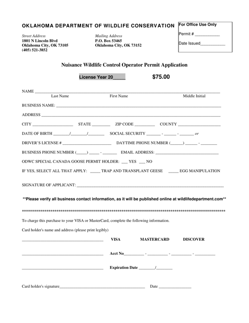Nuisance Wildlife Control Operator Permit Application Form - Oklahoma Download Pdf