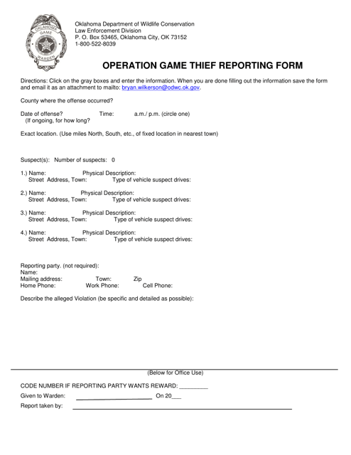 Operation Game Thief Reporting Form - Oklahoma