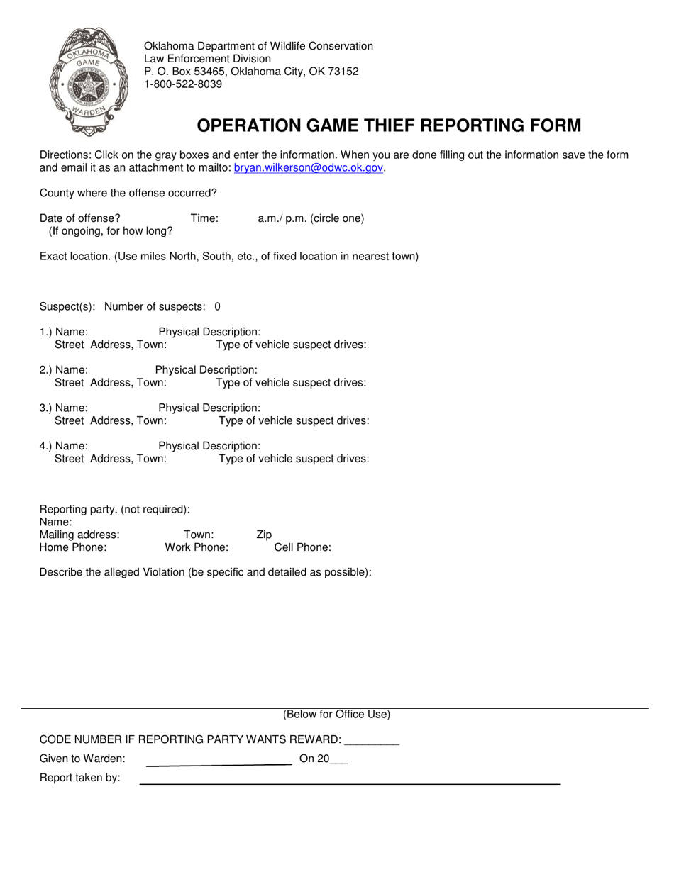 Operation Game Thief Reporting Form - Oklahoma, Page 1