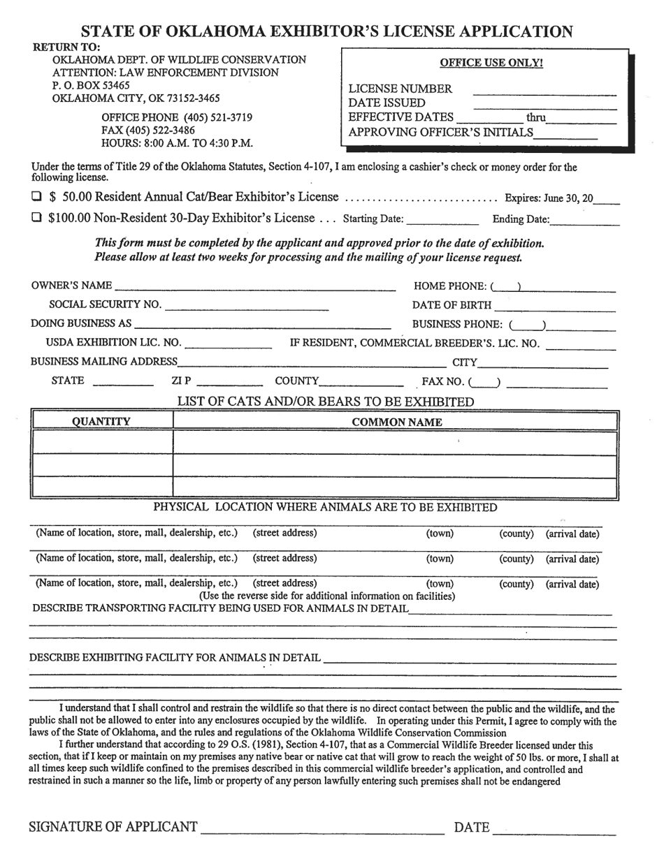State of Oklahoma Exhibitors License Application - Oklahoma, Page 1
