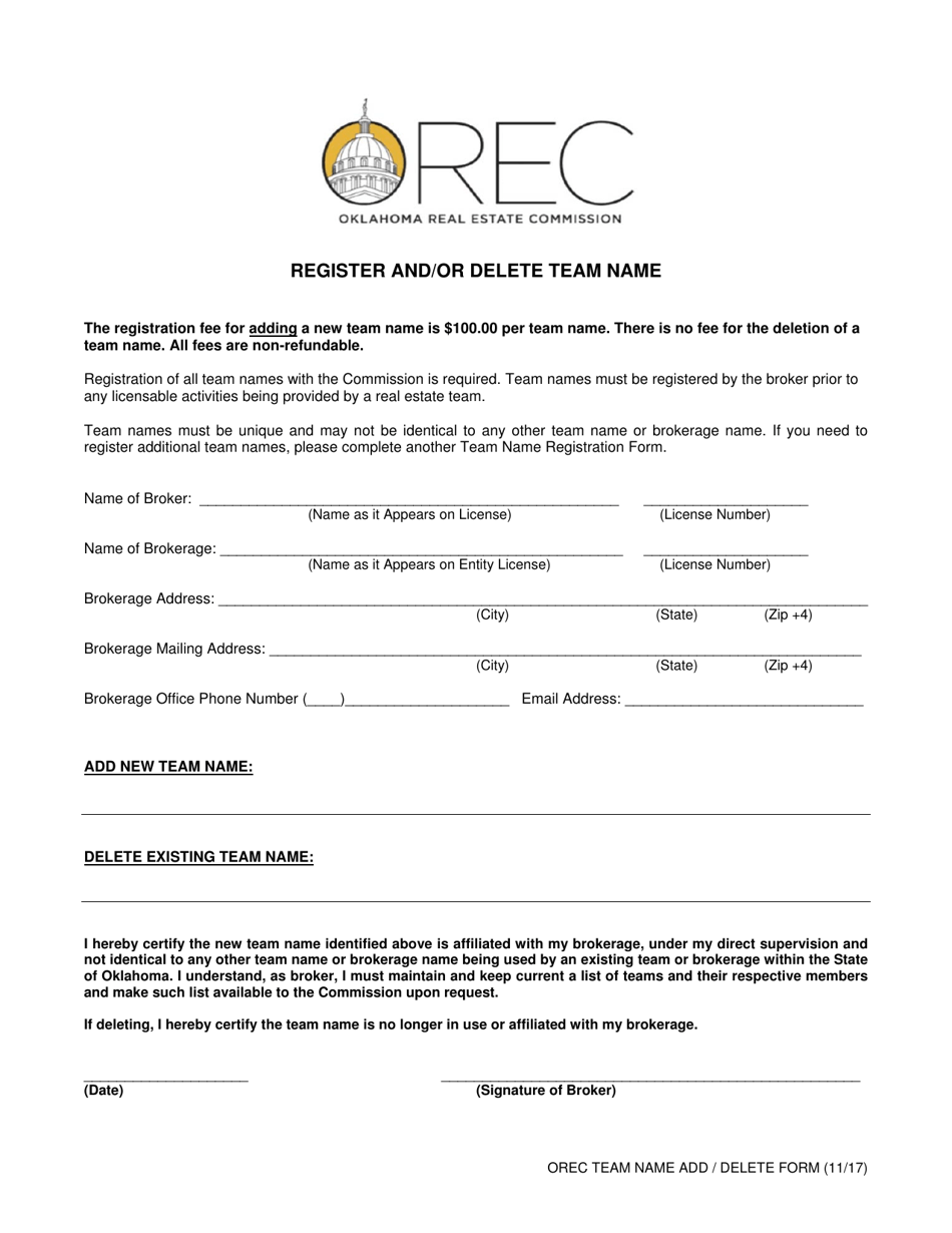 Register and / or Delete Team Name - Oklahoma, Page 1