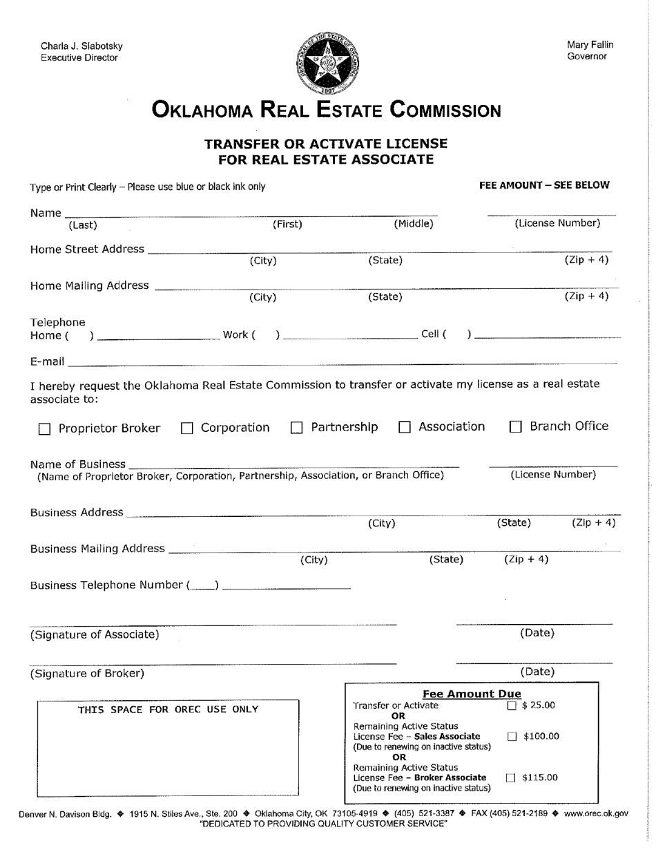 Transfer or Activate License for Real Estate Associate - Oklahoma, Page 1