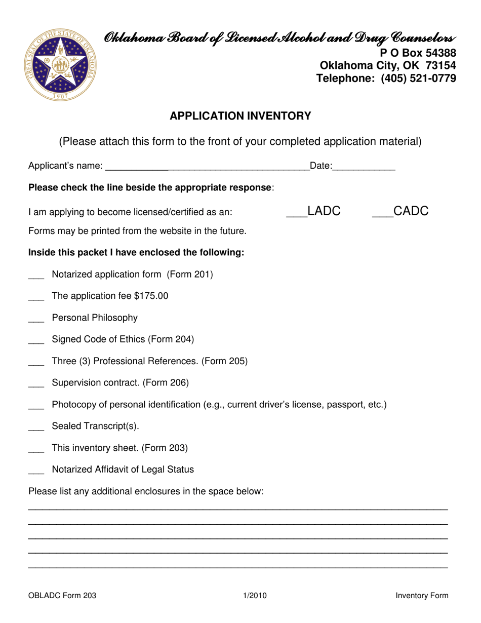 OBLADC Form 203 Application Inventory - Oklahoma, Page 1