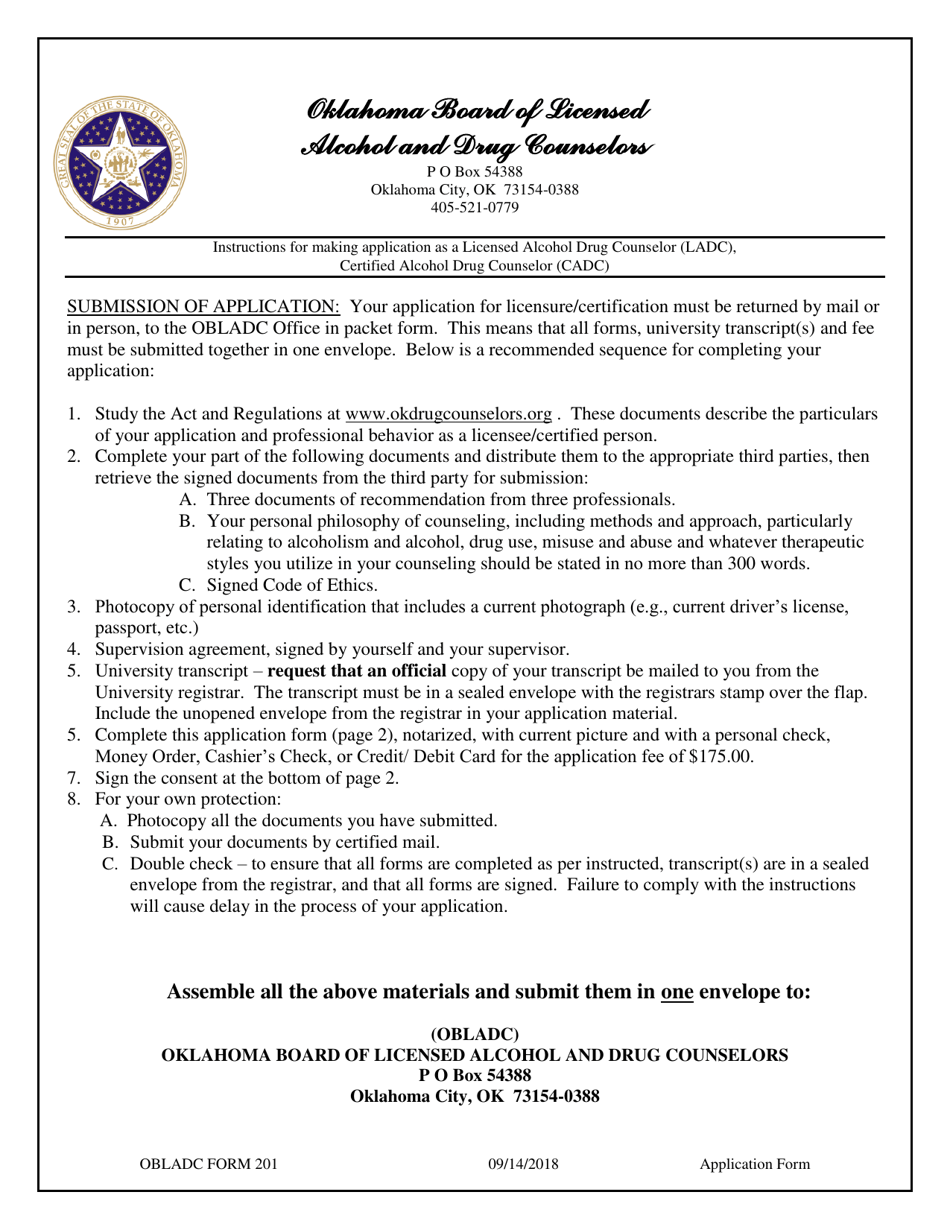 OBLADC Form 201 Application for Licensure/Certification - Oklahoma, Page 1