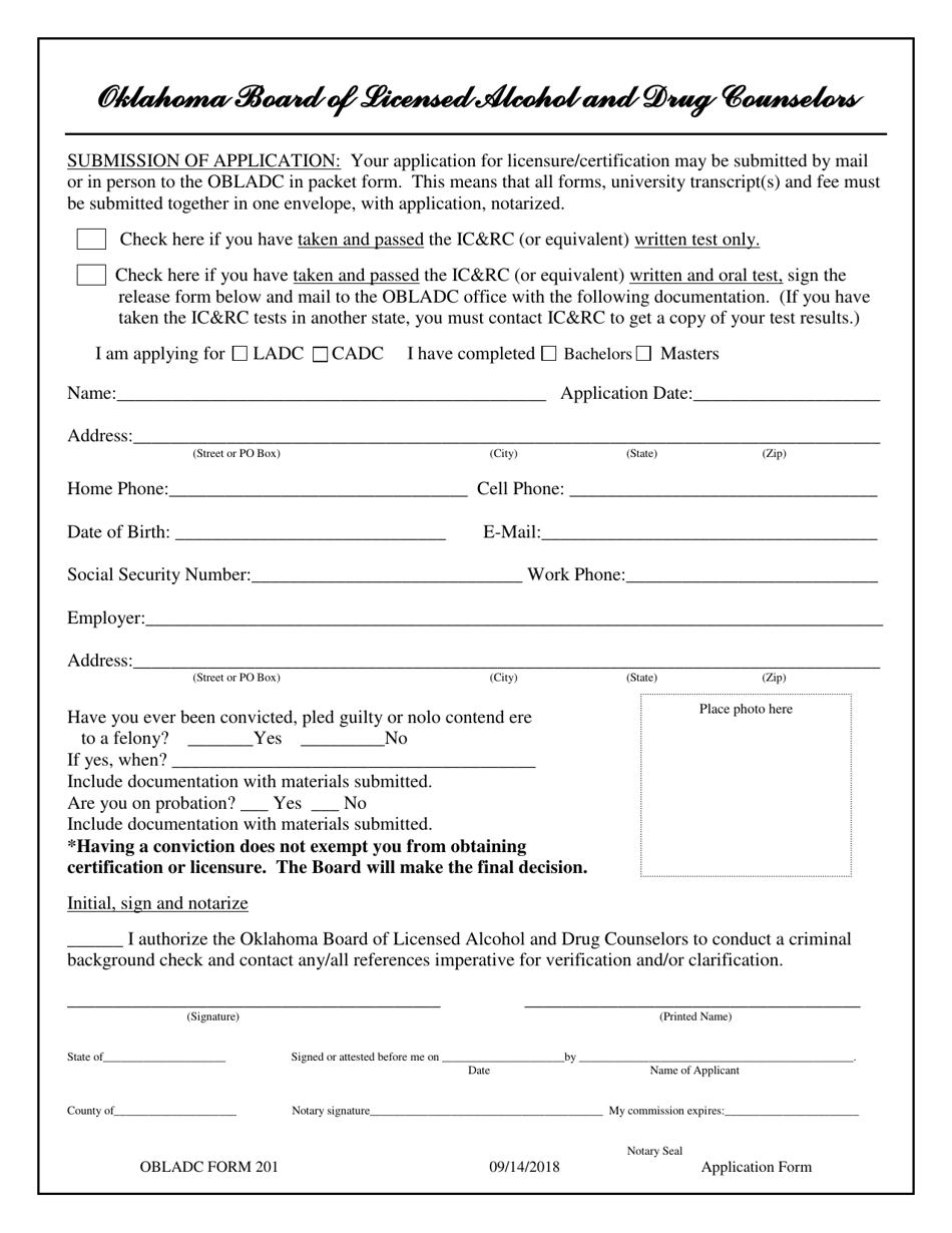 OBLADC Form 201 Application for Licensure / Certification - Oklahoma, Page 2