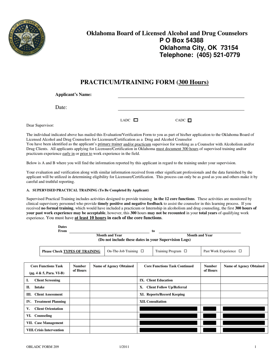 OBLADC Form 209 Practicum / Training Form (300 Hours) - Oklahoma, Page 1