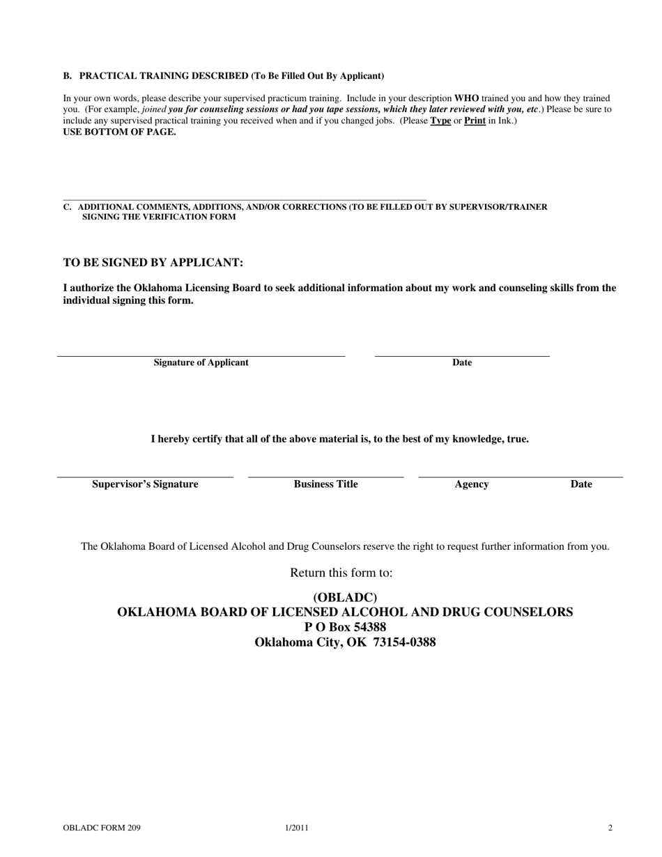 OBLADC Form 209 Practicum / Training Form (300 Hours) - Oklahoma, Page 2