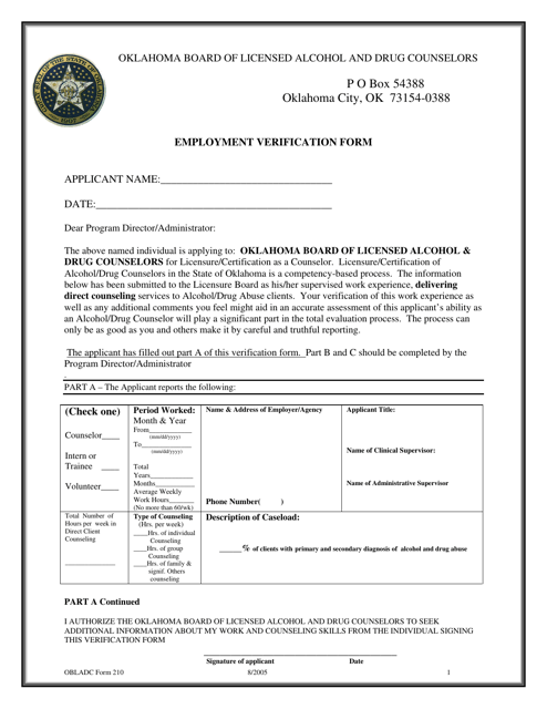 OBLADC Form 210 Employment Verification Form - Oklahoma