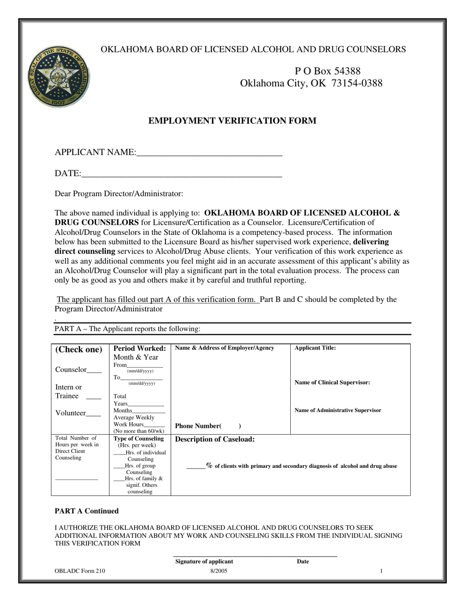 OBLADC Form 210 Employment Verification Form - Oklahoma, Page 1